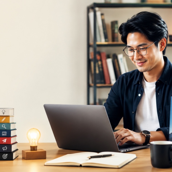 Asian author working on a laptop beside a stack of books showing the publishing steps from idea to success.