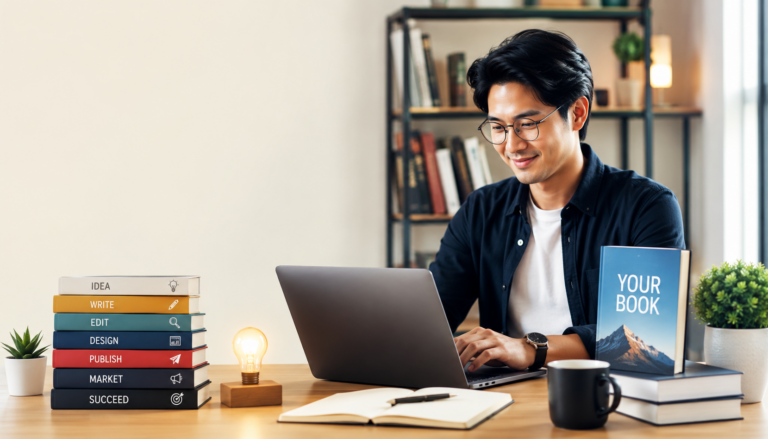 Asian author working on a laptop beside a stack of books showing the publishing steps from idea to success.
