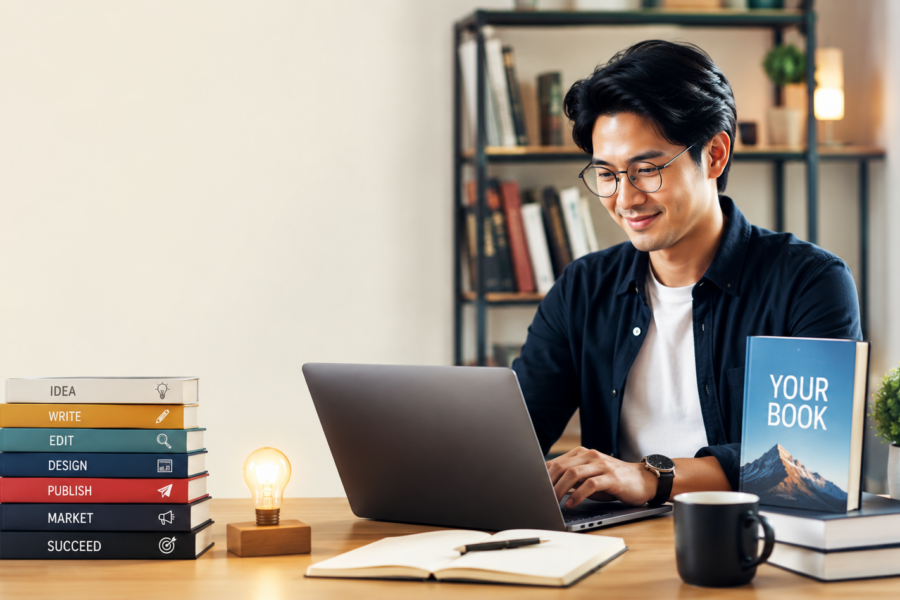 Asian author working on a laptop beside a stack of books showing the publishing steps from idea to success.