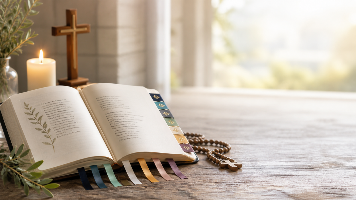 Open Christian poetry book with colorful ribbon markers beside a candle, wooden cross, rosary beads, and soft morning light.