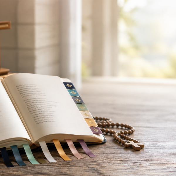 Open Christian poetry book with colorful ribbon markers beside a candle, wooden cross, rosary beads, and soft morning light.