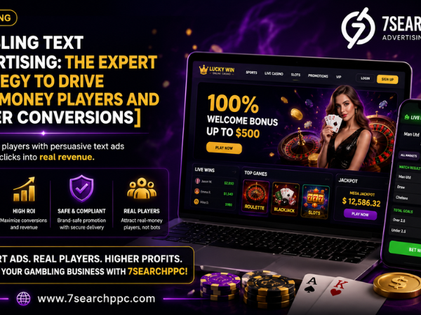 Gambling text advertising strategy dashboard showing betting ads, conversions, and player acquisition metrics.