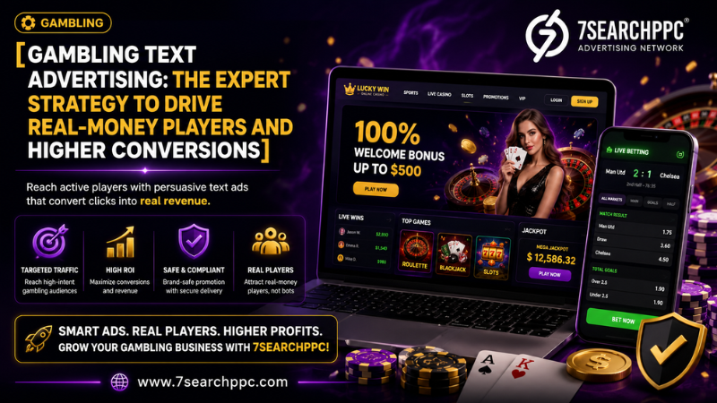 Gambling text advertising strategy dashboard showing betting ads, conversions, and player acquisition metrics.