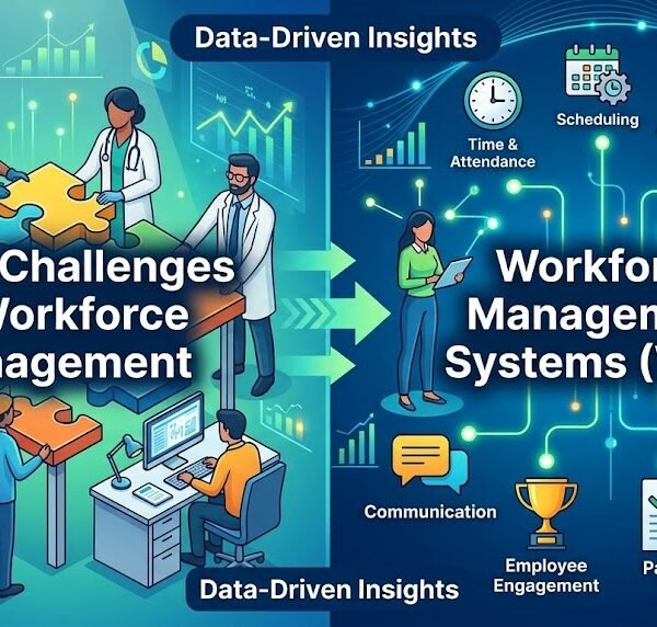 The image shows the graphics for the 8 Challenges Solved by Workforce Management Systems
