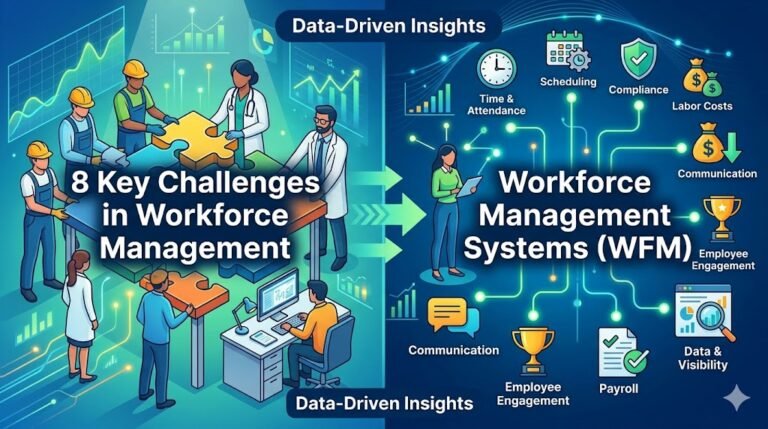 The image shows the graphics for the 8 Challenges Solved by Workforce Management Systems