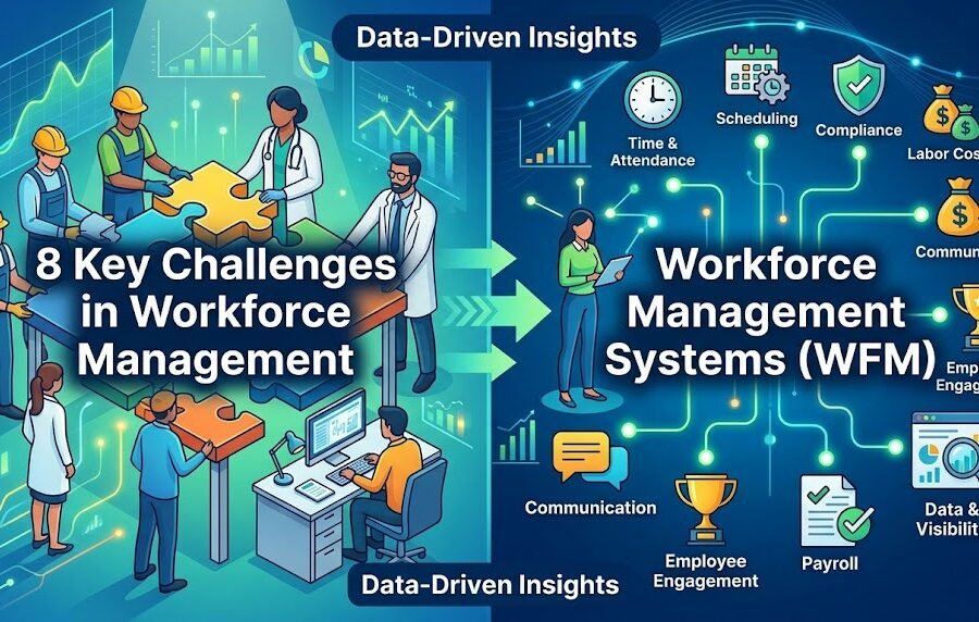 The image shows the graphics for the 8 Challenges Solved by Workforce Management Systems