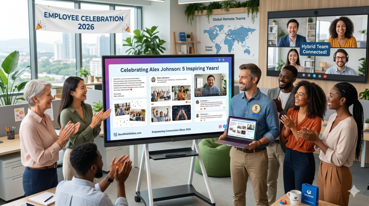 A modern office setting in 2026 showcasing a hybrid team celebrating a 5-year work anniversary. A large digital screen displays a collaborative group card with photos and messages from 'SendWishOnline.com', while remote employees participate via a video call on a wall-mounted monitor.