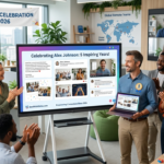 A modern office setting in 2026 showcasing a hybrid team celebrating a 5-year work anniversary. A large digital screen displays a collaborative group card with photos and messages from 'SendWishOnline.com', while remote employees participate via a video call on a wall-mounted monitor.