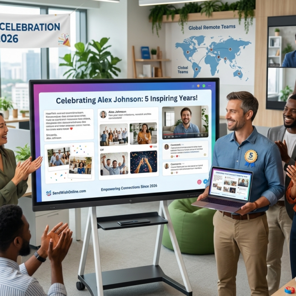 A modern office setting in 2026 showcasing a hybrid team celebrating a 5-year work anniversary. A large digital screen displays a collaborative group card with photos and messages from 'SendWishOnline.com', while remote employees participate via a video call on a wall-mounted monitor.