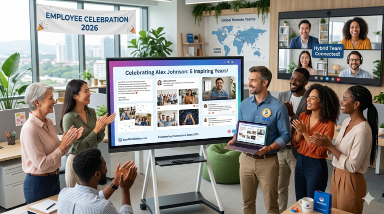 A modern office setting in 2026 showcasing a hybrid team celebrating a 5-year work anniversary. A large digital screen displays a collaborative group card with photos and messages from 'SendWishOnline.com', while remote employees participate via a video call on a wall-mounted monitor.