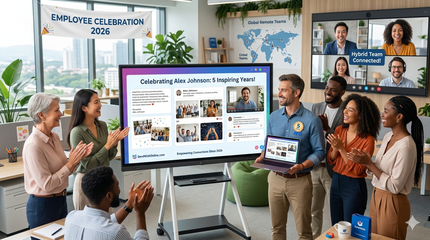 A modern office setting in 2026 showcasing a hybrid team celebrating a 5-year work anniversary. A large digital screen displays a collaborative group card with photos and messages from 'SendWishOnline.com', while remote employees participate via a video call on a wall-mounted monitor.
